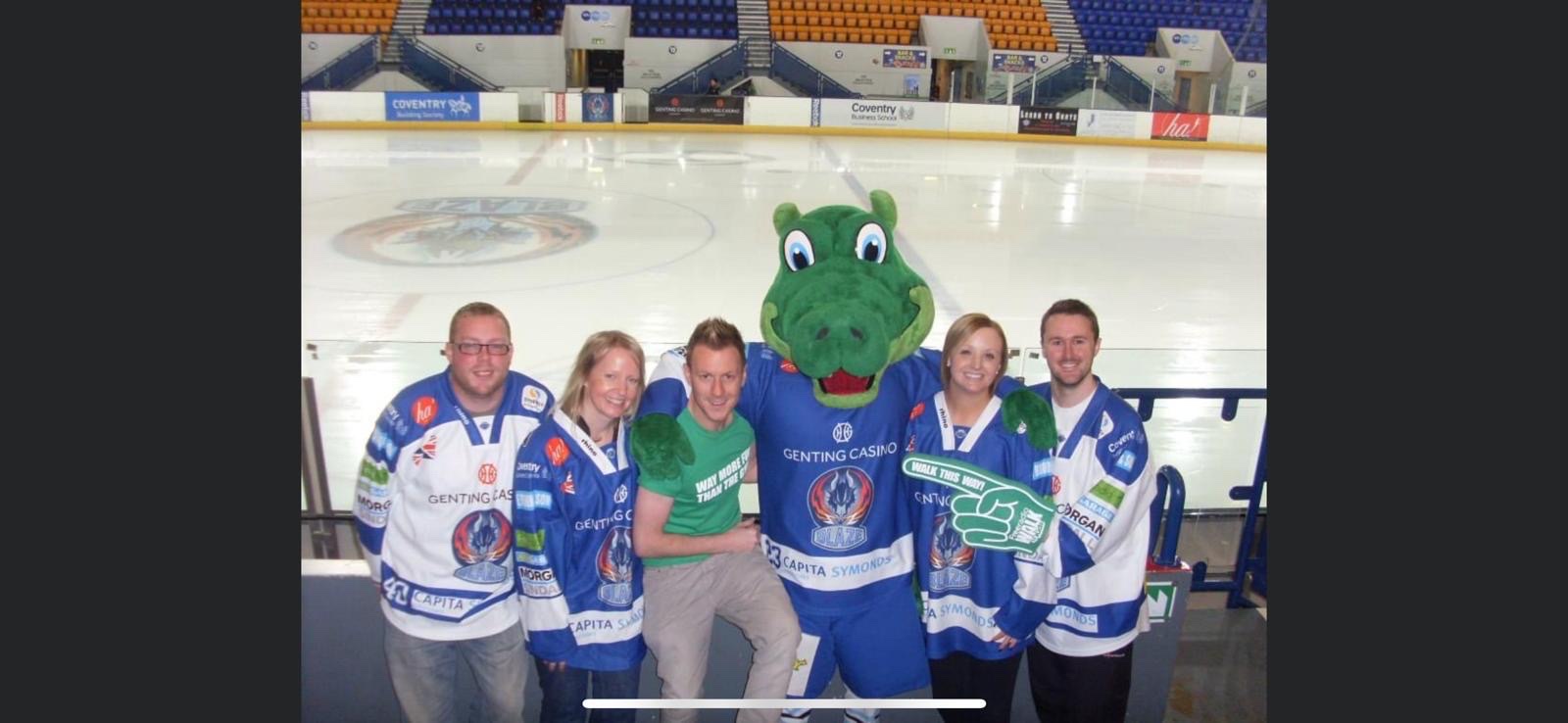 JD with friends and the Coventry Blaze mascot at the Skydome